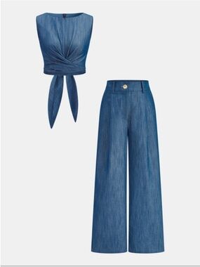 NWT Commense Two-Piece Tie-Front Crop Top and Wide-Leg Pants Set, Medium